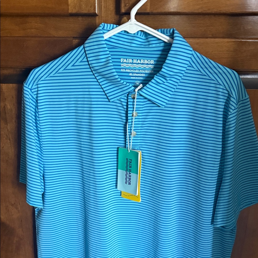 Fair Harbor Aqua & Navy Thin Stripe Performance Polo